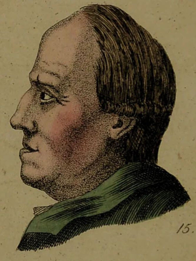 An illustration from Physiognomisches Taschenbuch nach Lavater's Grundsätzen, oder: die Kunst die Männer aus ihren Gesichtszügen zu erkennen. Aus dem Französischen übersetzt. Mit drei und dreissig illuminirten Kupfern., 1813, leaf 74