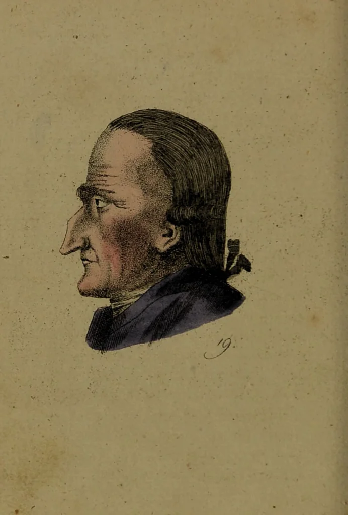 An illustration from Physiognomisches Taschenbuch nach Lavater's Grundsätzen, oder: die Kunst die Männer aus ihren Gesichtszügen zu erkennen. Aus dem Französischen übersetzt. Mit drei und dreissig illuminirten Kupfern., 1813, leaf 86