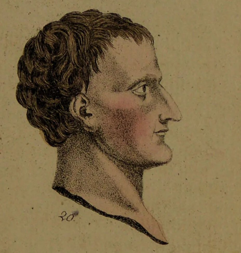 An illustration from Physiognomisches Taschenbuch nach Lavater's Grundsätzen, oder: die Kunst die Männer aus ihren Gesichtszügen zu erkennen. Aus dem Französischen übersetzt. Mit drei und dreissig illuminirten Kupfern., 1813, leaf 89