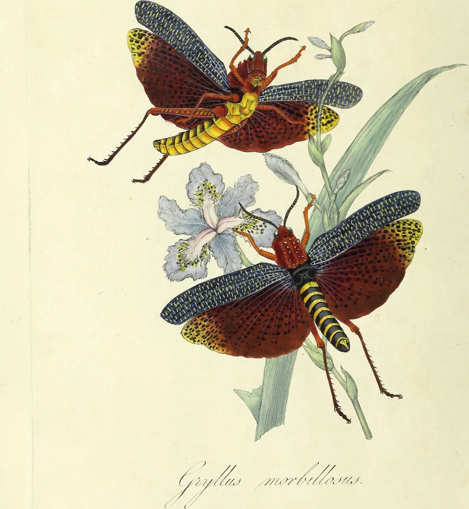 An illustration from An epitome of the natural history of the insects of China. Comprising figures and descriptions of upwards of one hundred new, singular, and beautiful species; together with some that are of importance in medicine, domestic economy, &c. The figures are accurately drawn, engraved and coloured, from specimens of the insects; the descriptions are arranged according to the system of Linnæus; with references to the writings of Fabricius, and other systematic authors / By E. Donovan., 1798, leaf 60