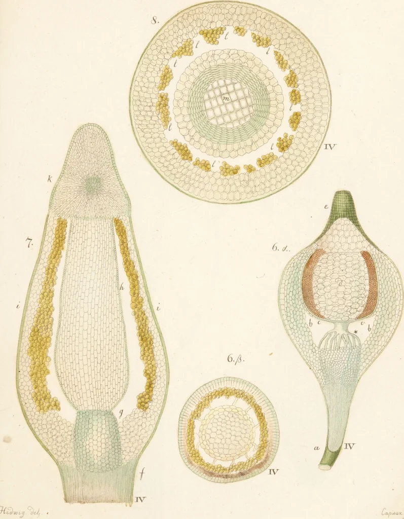An illustration from Fundamentum historiae naturalis muscorum frondosorum concernens eorum flores, fructus, seminalem propagationem adjecta generum dispositione methodica. Iconibus illustratis / [Johann Hedwig]., 1782, leaf 283