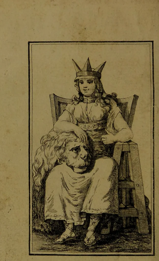 An illustration from Maniere de se récréer avec le jeu de cartes nommées Tarots. Pour servir de premier[-quatrieme] cahier à cet ouvrage / par Etteilla., 1783, leaf 6