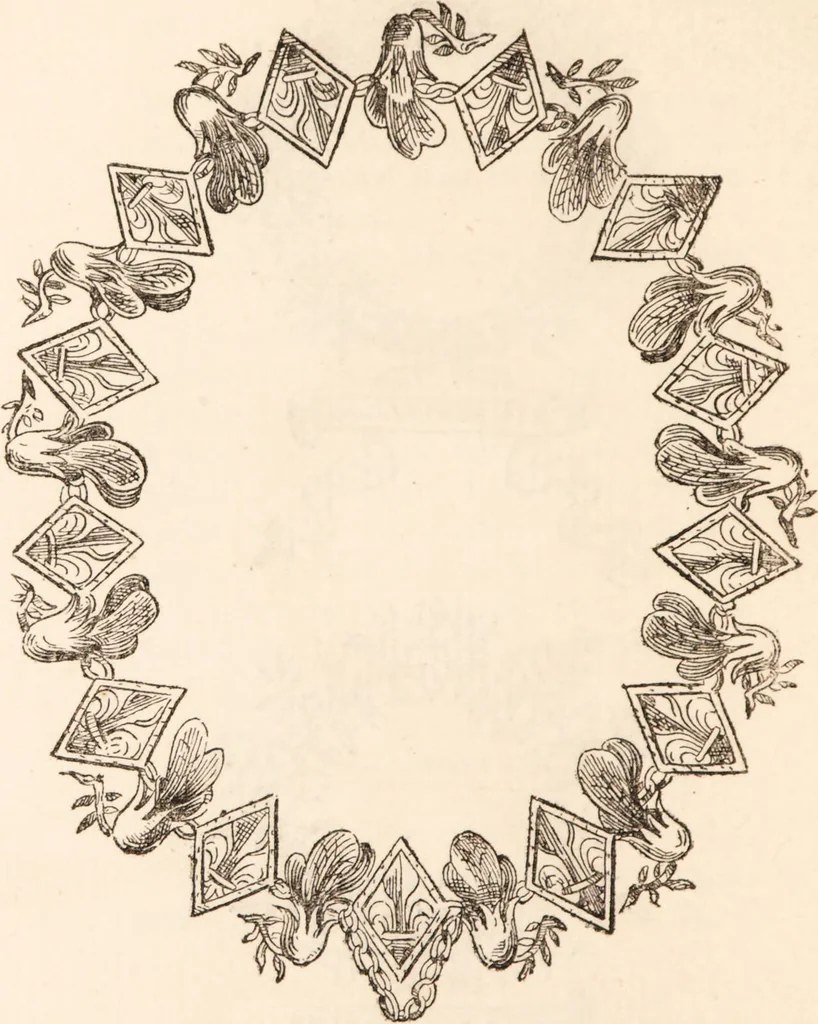 An illustration from Loves garland, or, Posies for rings, hand-kerchers, & gloves and such pretty tokens that lovers send their loves. A reprint. Whereunto is added a collection of posie mottoes ... entitled, Ye garland of ye Sette of odd volumes. To which is prefixed an introduction, in which some trite things are said concerning the efforts of the early alchemists to transmute the baser metals into gold ... / by James Roberts Brown., 1883, leaf 48