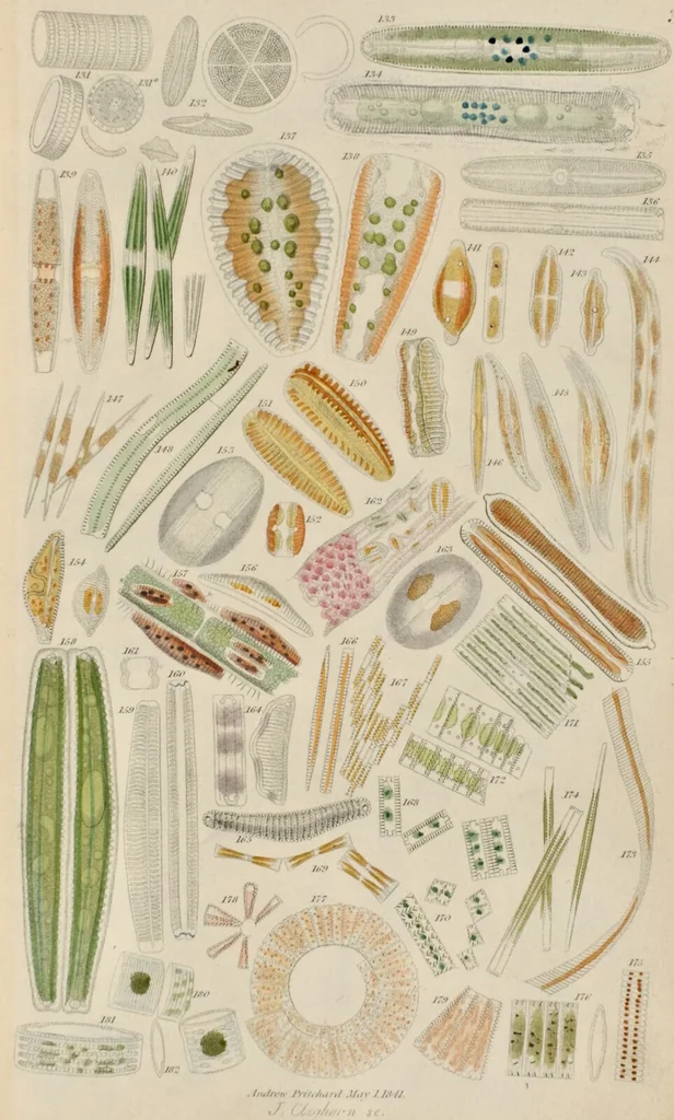 An illustration from A history of infusoria, living and fossil: arranged according to "Die Infusionsthierchen" of C.G. Ehrenberg. Containing coloured engravings, illustrative of all the genera, and descriptions of all the species in that work, with several new ones. To which is appended an account of those recently discovered in the chalk formations / By Andrew Pritchard., 1841, leaf 463