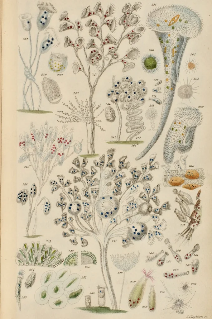 An illustration from A history of infusoria, living and fossil: arranged according to "Die Infusionsthierchen" of C.G. Ehrenberg. Containing coloured engravings, illustrative of all the genera, and descriptions of all the species in that work, with several new ones. To which is appended an account of those recently discovered in the chalk formations / By Andrew Pritchard., 1841, leaf 467