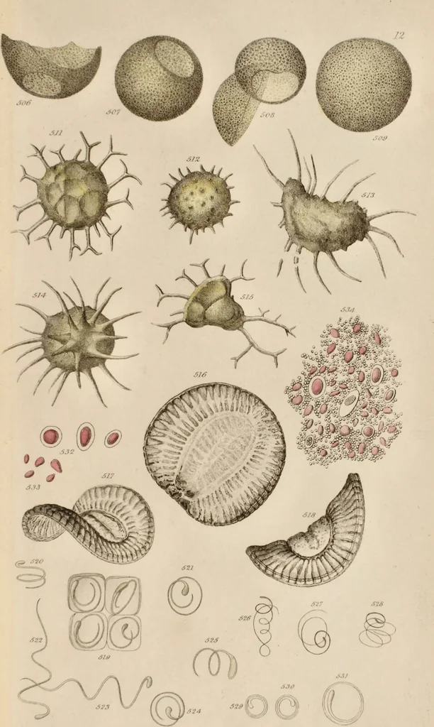 An illustration from A history of infusoria, living and fossil: arranged according to "Die Infusionsthierchen" of C.G. Ehrenberg. Containing coloured engravings, illustrative of all the genera, and descriptions of all the species in that work, with several new ones. To which is appended an account of those recently discovered in the chalk formations / By Andrew Pritchard., 1841, leaf 481