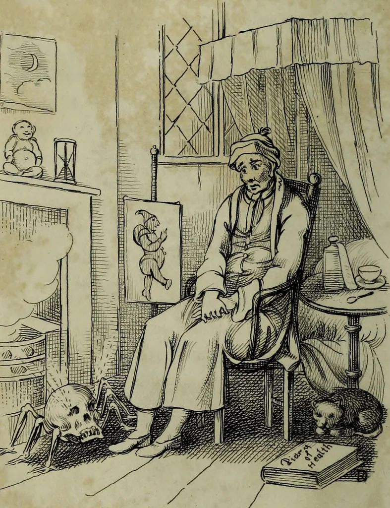 An illustration from Death's doings; consisting of numerous original compositions, in prose and verse, the friendly contributions of various writers; principally intended as illustrations of twenty four plates, designed and etched by R. Dagley / [Richard Dagley]., 1826, leaf 160