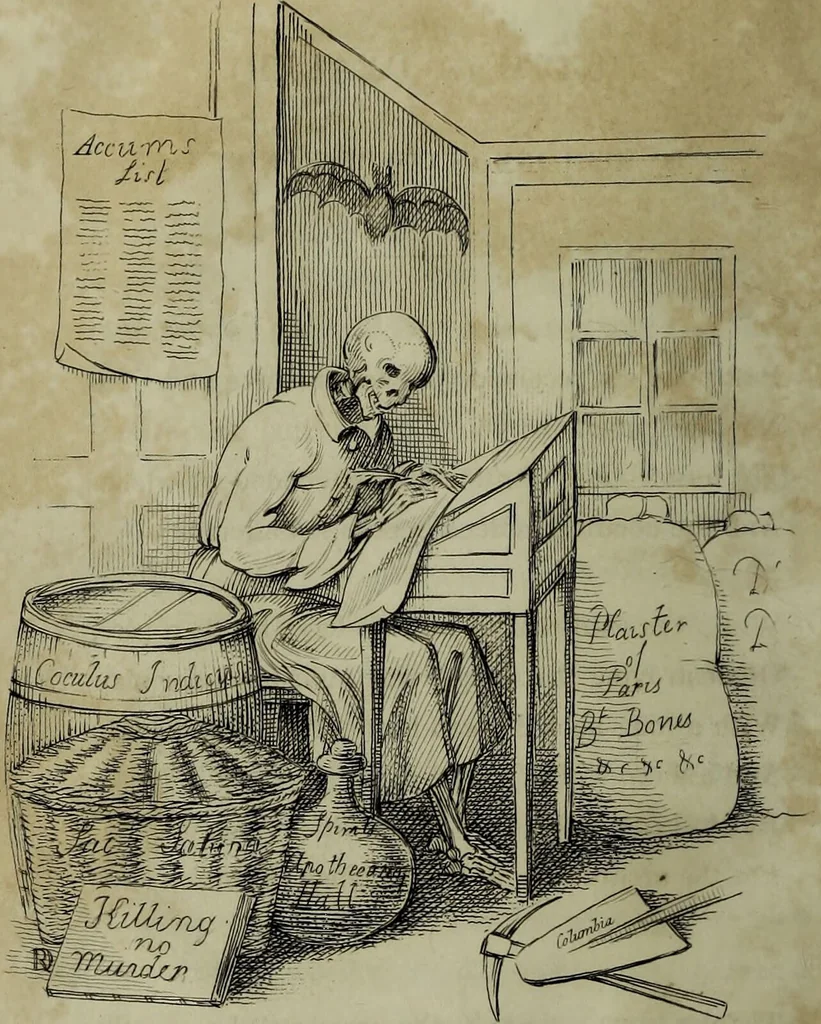 An illustration from Death's doings; consisting of numerous original compositions, in prose and verse, the friendly contributions of various writers; principally intended as illustrations of twenty four plates, designed and etched by R. Dagley / [Richard Dagley]., 1826, leaf 366