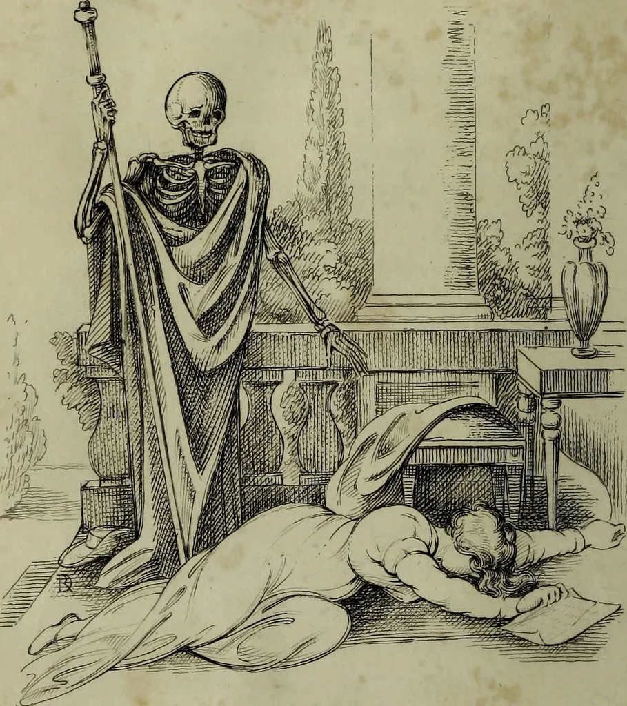 An illustration from Death's doings; consisting of numerous original compositions, in prose and verse, the friendly contributions of various writers; principally intended as illustrations of twenty four plates, designed and etched by R. Dagley / [Richard Dagley]., 1826, leaf 66
