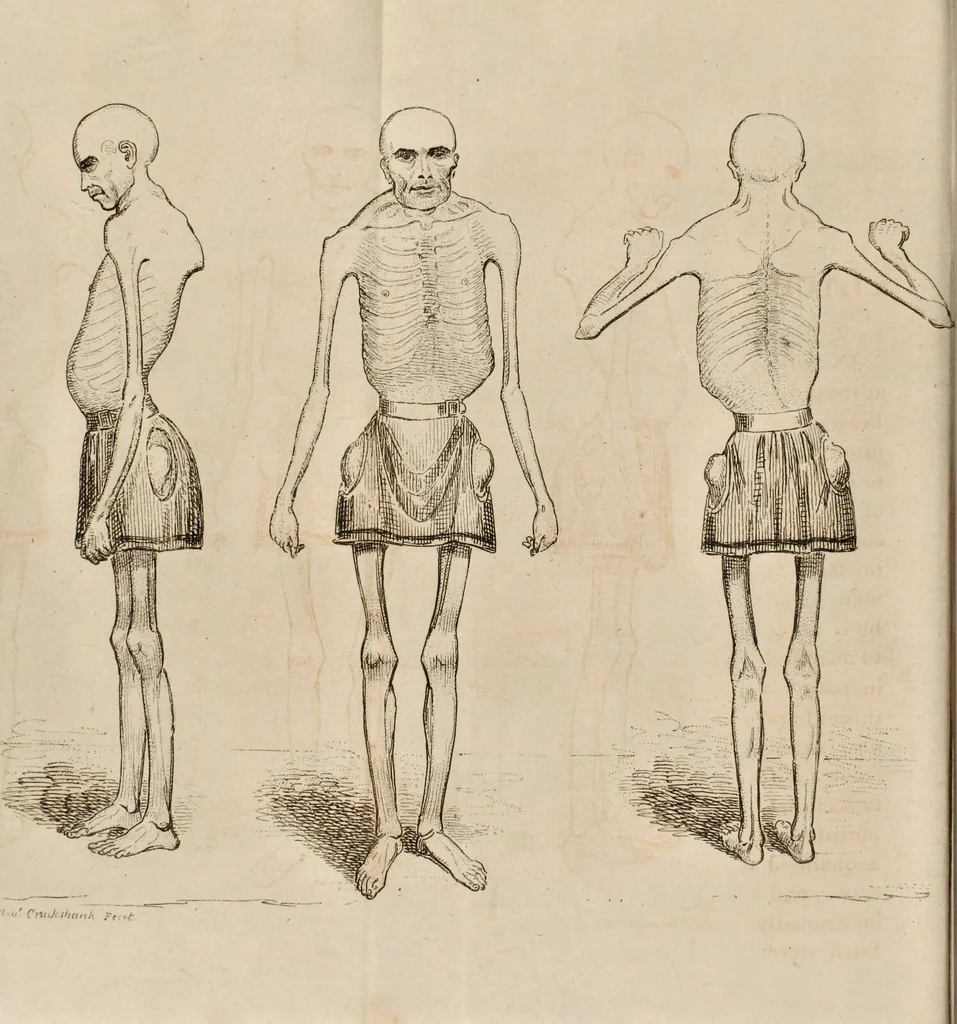 An illustration from A Living skeleton!! Authentic memoir of that singular human prodigy Claude Seurat, denominated the Living Skeleton, who arrived in London from the Continent in July, 1825. In which is contained a circumstantial detail of his person ... together with an account of his manners, habits, etc. ... / Illustrated ... by Robert Cruikshank., 1825, leaf 36