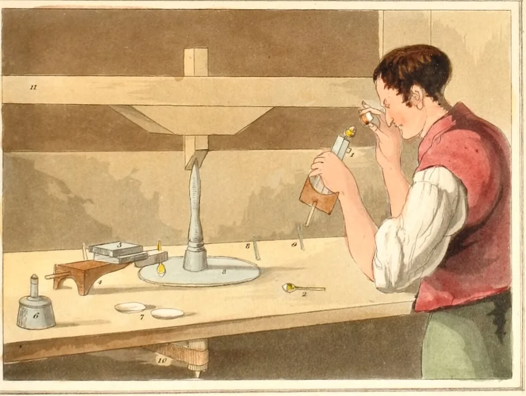 An illustration from A treatise on diamonds, and precious stones, including their history. Natural and commercial / To which is added, the methods of cutting & polishing. With colored plates. By John Mawe., 1823, leaf 23