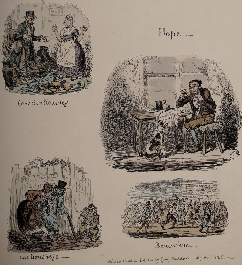 An illustration from Phrenological illustrations, or An artist's view of the craniological system of Doctors Gall and Spurzheim / by George Cruikshank., 1873, leaf 36
