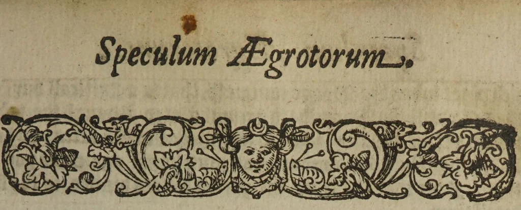 An illustration from Speculum ægrotorum: the sicke-mens glasse: or a plaine introduction wherby one may giue a true and infallible iudgement, of the life or death of a sicke bodie, the originall cause of the griefe, how he is tormented and afflicted, what thinges are medicinable to the diseased person: and the day and houre in which he shall recouer, or surrender his vitall breath. Whereunto is annexed a treatise of the foure humors, and how they are ingendered and distributed in our humane bodies; with certaine and manifest signes to discerne of whate complexion any man is: and the operation that eating, drinking, rest and exercise, worketh in euery person: with certain speciall preseruatiues for the eye-sight / Composed by John Fage., 1606, leaf 45