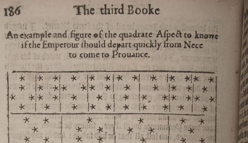 An illustration from The geomancie / of Maister Christopher Cattan Gentleman. A booke, no lesse pleasant and recreatiue, then of a wittie inuention, to knovve all thinges, past, present, and to come. Whereunto is annexed the wheele of Pythagoras. Translated out of French into our English tongue [by Francis Sparry]., 1591, leaf 220