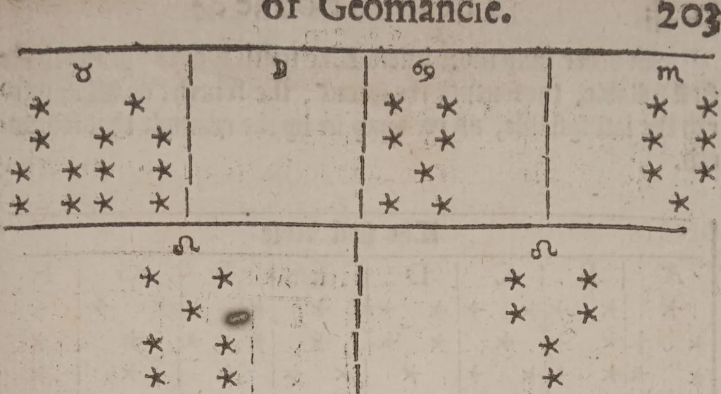An illustration from The geomancie / of Maister Christopher Cattan Gentleman. A booke, no lesse pleasant and recreatiue, then of a wittie inuention, to knovve all thinges, past, present, and to come. Whereunto is annexed the wheele of Pythagoras. Translated out of French into our English tongue [by Francis Sparry]., 1591, leaf 237