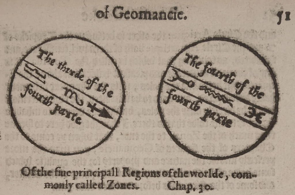 An illustration from The geomancie / of Maister Christopher Cattan Gentleman. A booke, no lesse pleasant and recreatiue, then of a wittie inuention, to knovve all thinges, past, present, and to come. Whereunto is annexed the wheele of Pythagoras. Translated out of French into our English tongue [by Francis Sparry]., 1591, leaf 79