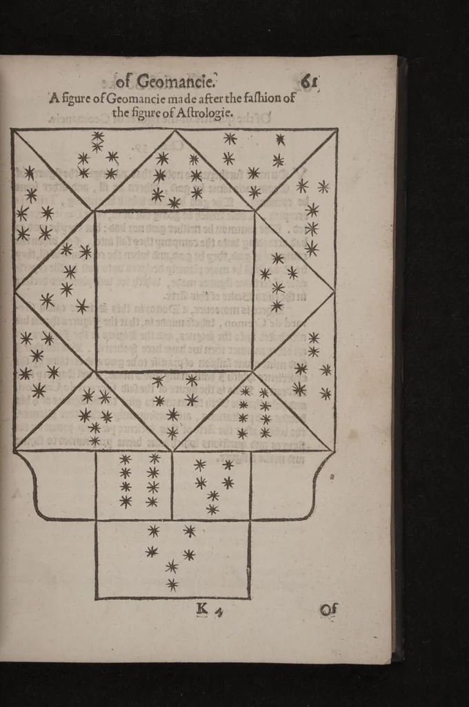 An illustration from The geomancie / of Maister Christopher Cattan Gentleman. A booke, no lesse pleasant and recreatiue, then of a wittie inuention, to knovve all thinges, past, present, and to come. Whereunto is annexed the wheele of Pythagoras. Translated out of French into our English tongue [by Francis Sparry]., 1591, leaf 89