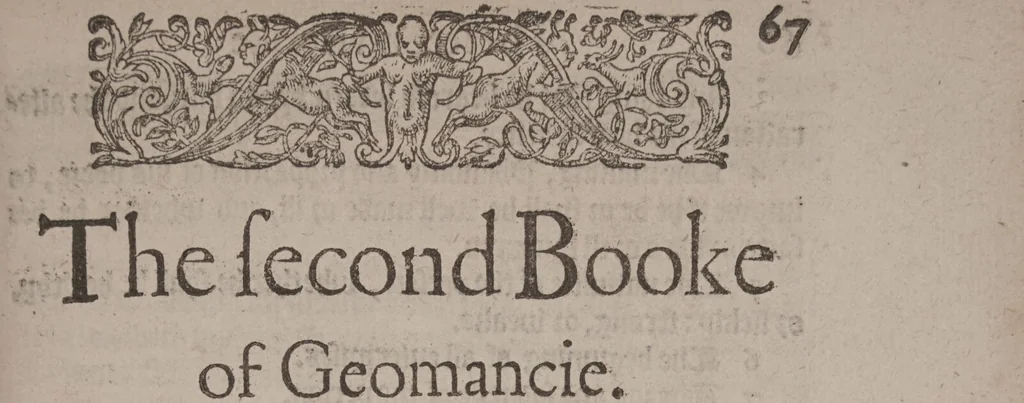 An illustration from The geomancie / of Maister Christopher Cattan Gentleman. A booke, no lesse pleasant and recreatiue, then of a wittie inuention, to knovve all thinges, past, present, and to come. Whereunto is annexed the wheele of Pythagoras. Translated out of French into our English tongue [by Francis Sparry]., 1591, leaf 95
