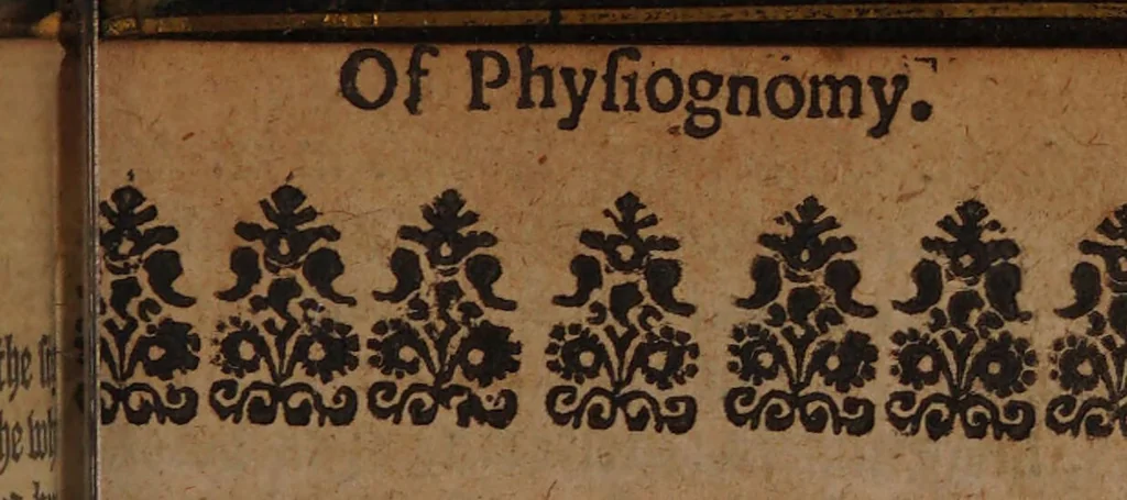 An illustration from The book of palmestry and physiognomy : being brief introductions, both natural, pleasant, and delectable, unto the art of chiromancy, or manual divination, and physiognomy, with circumstances upon the faces of the signs : also, canons or rules upon diseases or sicknesses : whereunto is also annexed, as well the artificial as natural astrologie, with the nature of the planets / written in Latine by John Indagine, and translated into English by Fabian Withers., 1651, leaf 125