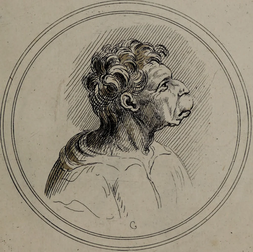 An illustration from Recueil de testes de caractère et de charges / dessinées par Leonard de Vinci ... et gravées par M. le C. de C. [i.e. le comte de Caylus]., 1730, leaf 65
