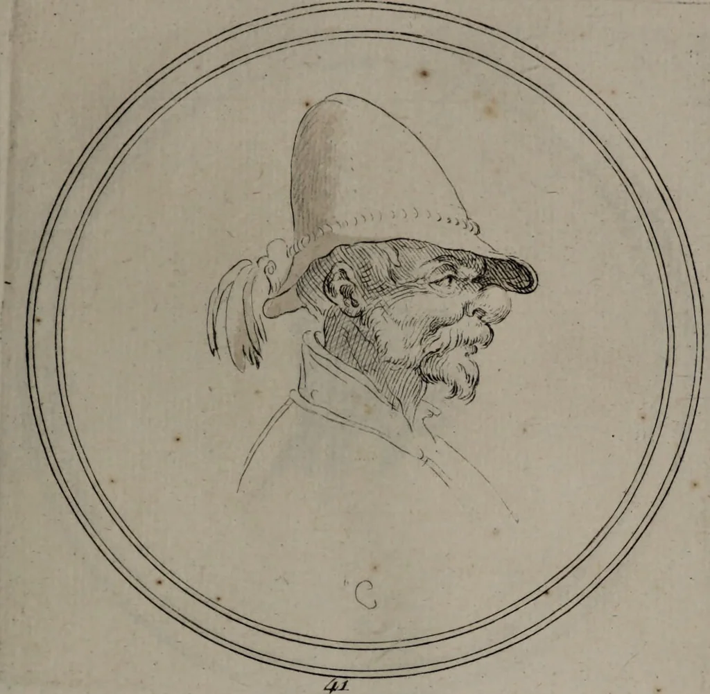 An illustration from Recueil de testes de caractère et de charges / dessinées par Leonard de Vinci ... et gravées par M. le C. de C. [i.e. le comte de Caylus]., 1730, leaf 71