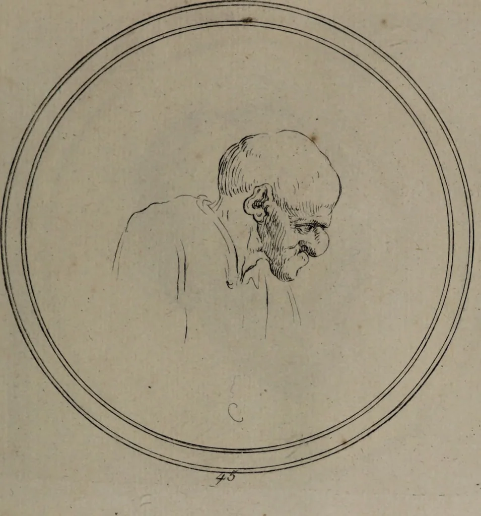 An illustration from Recueil de testes de caractère et de charges / dessinées par Leonard de Vinci ... et gravées par M. le C. de C. [i.e. le comte de Caylus]., 1730, leaf 75
