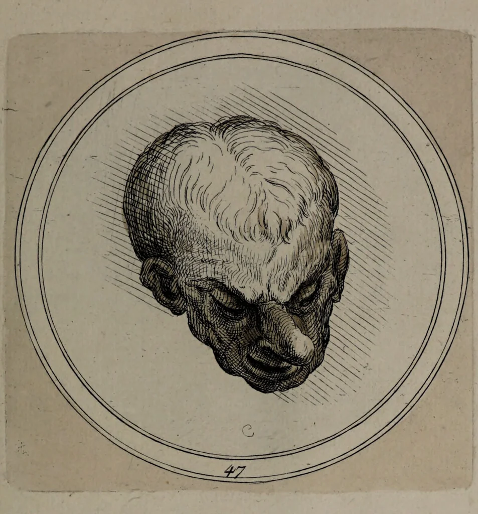 An illustration from Recueil de testes de caractère et de charges / dessinées par Leonard de Vinci ... et gravées par M. le C. de C. [i.e. le comte de Caylus]., 1730, leaf 77