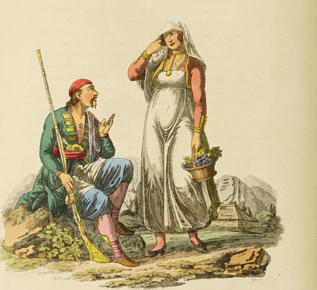An illustration from The costume of the hereditary states of the House of Austria : displayed in fifty coloured engravings / with descriptions, and an introduction [in English and French]. Translated by R.C. Dallas., 1804, leaf 182