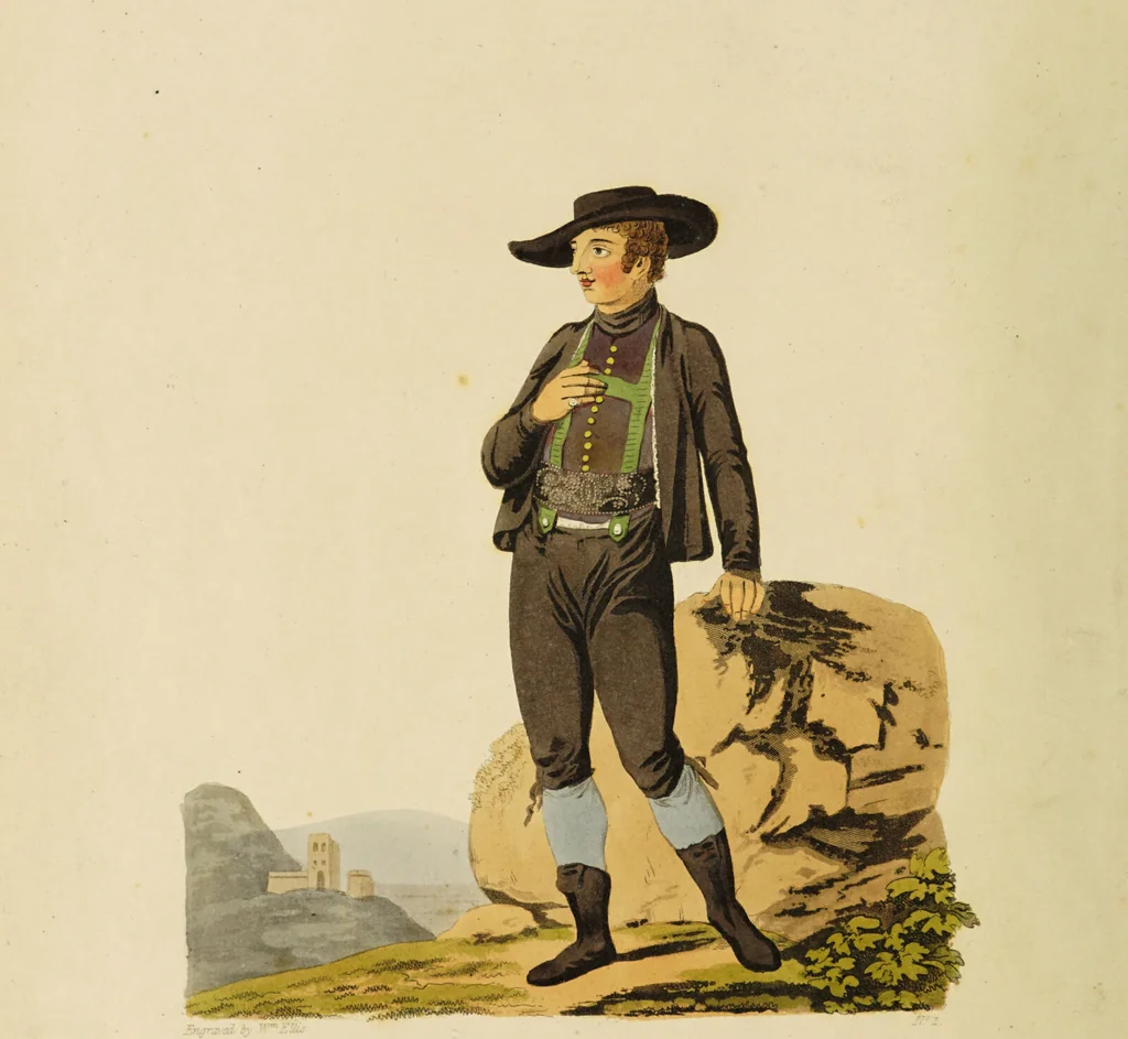An illustration from The costume of the hereditary states of the House of Austria : displayed in fifty coloured engravings / with descriptions, and an introduction [in English and French]. Translated by R.C. Dallas., 1804, leaf 4
