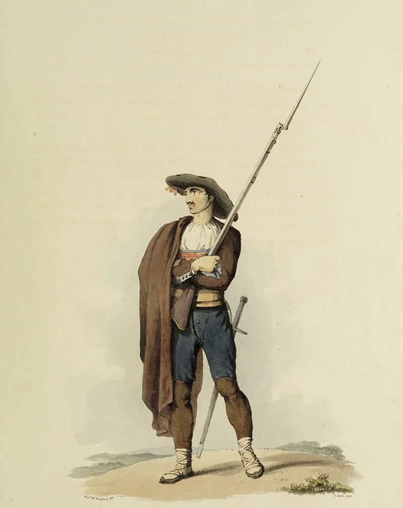An illustration from Sketches of the country, character, and costume, in Portugal and Spain, made during the campaign, and on the route of the British army, in 1808 and 1809 / Engraved and coloured from the drawings by the Rev. William Bradford ... ; with incidental illustration, and appropriate descriptions, of each subject., 1809, leaf 87