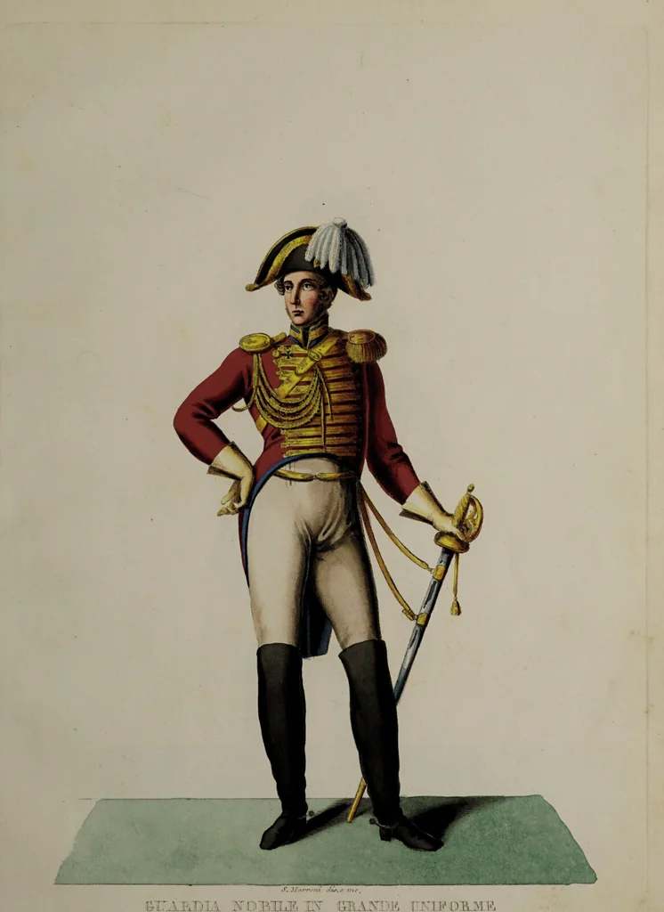 An illustration from Raccolta dei principali costumi religiosi e militari della corte pontificia, disegnati ... / da S. Marroni., 1840, leaf 53