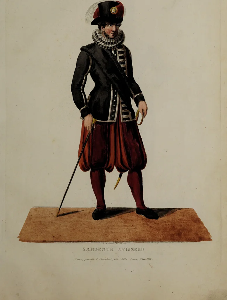 An illustration from Raccolta dei principali costumi religiosi e militari della corte pontificia, disegnati ... / da S. Marroni., 1840, leaf 67