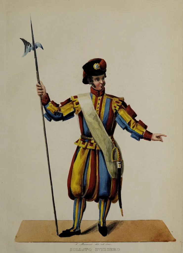 An illustration from Raccolta dei principali costumi religiosi e militari della corte pontificia, disegnati ... / da S. Marroni., 1840, leaf 71