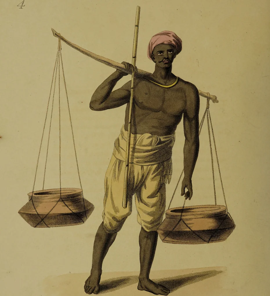 An illustration from The costume of Hindostan, elucidated by sixty coloured engravings / with descriptions in English and French, taken in the years 1798 and 1799. By Balt. Solvyns, of Calcutta., 1804, leaf 32
