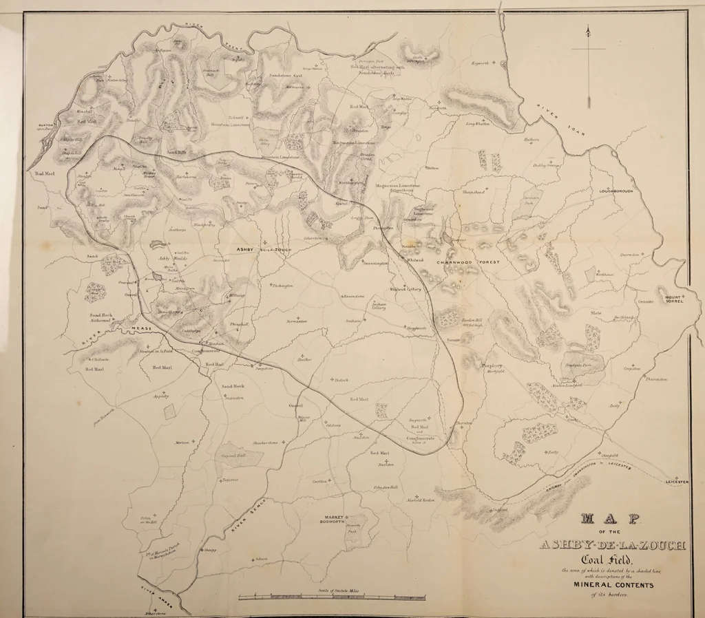 An illustration from A collection of geological facts and practical observations, intended to elucidate the formation of the Ashby Coal-field. In the parish of Ashby-de-la-Zouch and the neighbouring district; being the result of forty years' esperience and research / By Edward Mammatt. Illustrated by a map and profiles, coloured sections of the stratification and one hundred and two plates of vegetable fossils, after drewings taken from nature, by Robert Ironmonger., 1834, leaf 6