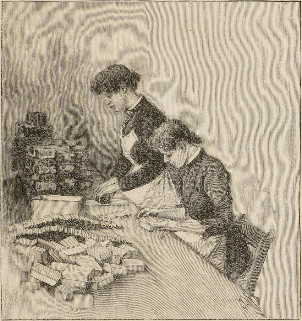 An illustration from The story of Sir Walter Ralegh : and A day in a tobacco factory / by Joseph Hatton ; illustrated by John Wallace., 1893, leaf 63
