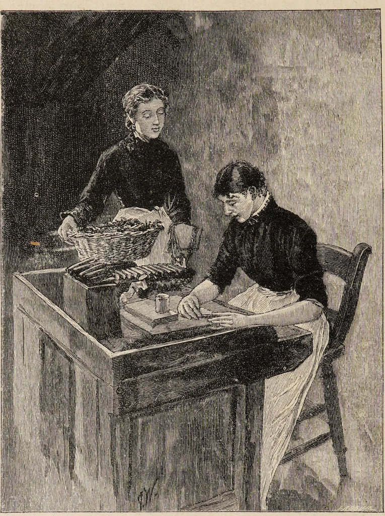 An illustration from The story of Sir Walter Ralegh : and A day in a tobacco factory / by Joseph Hatton ; illustrated by John Wallace., 1893, leaf 74