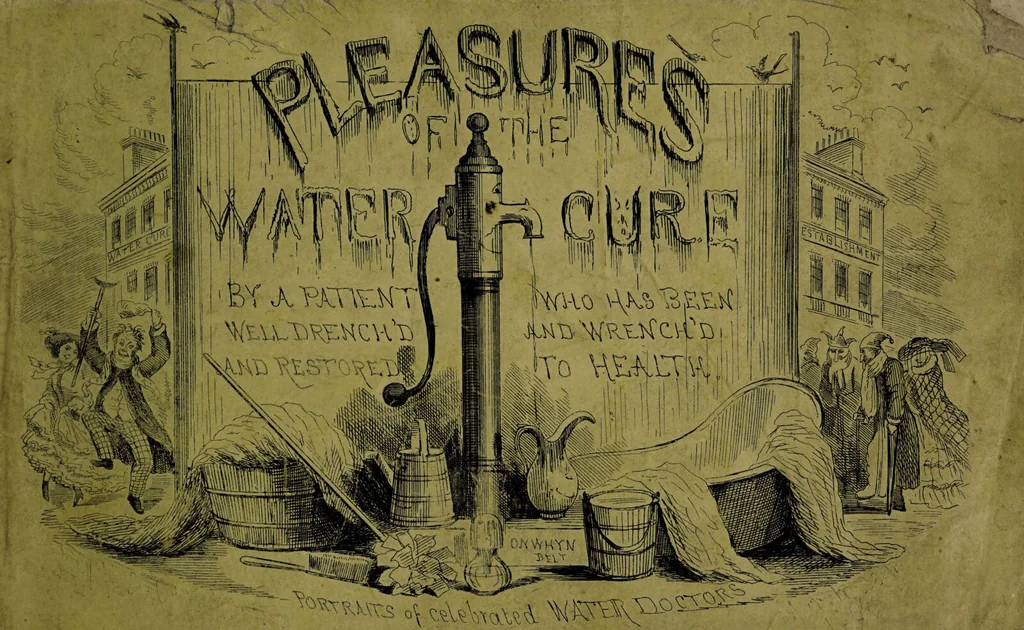An illustration from Pleasures of the water cure / by a patient who has been well drench'd and wrench'd and restored to health., 1860, leaf 1