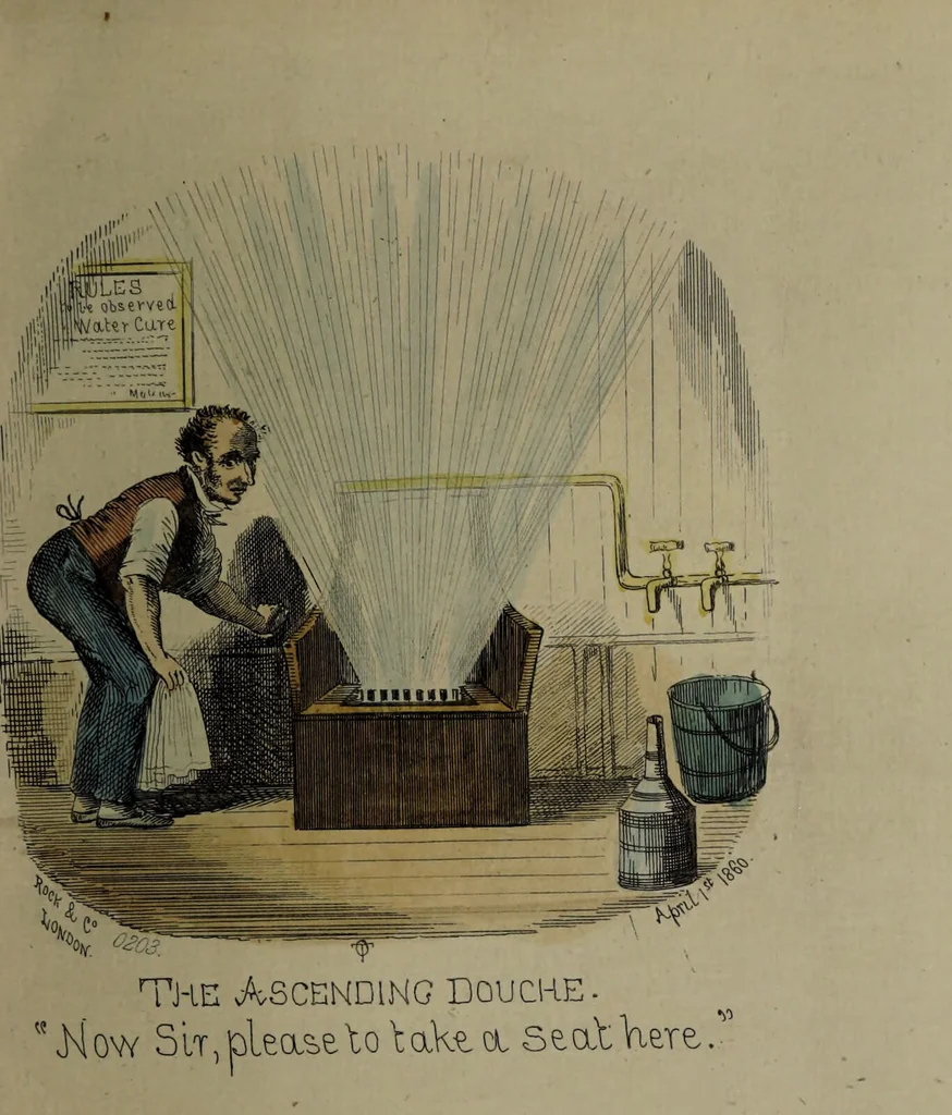 An illustration from Pleasures of the water cure / by a patient who has been well drench'd and wrench'd and restored to health., 1860, leaf 11