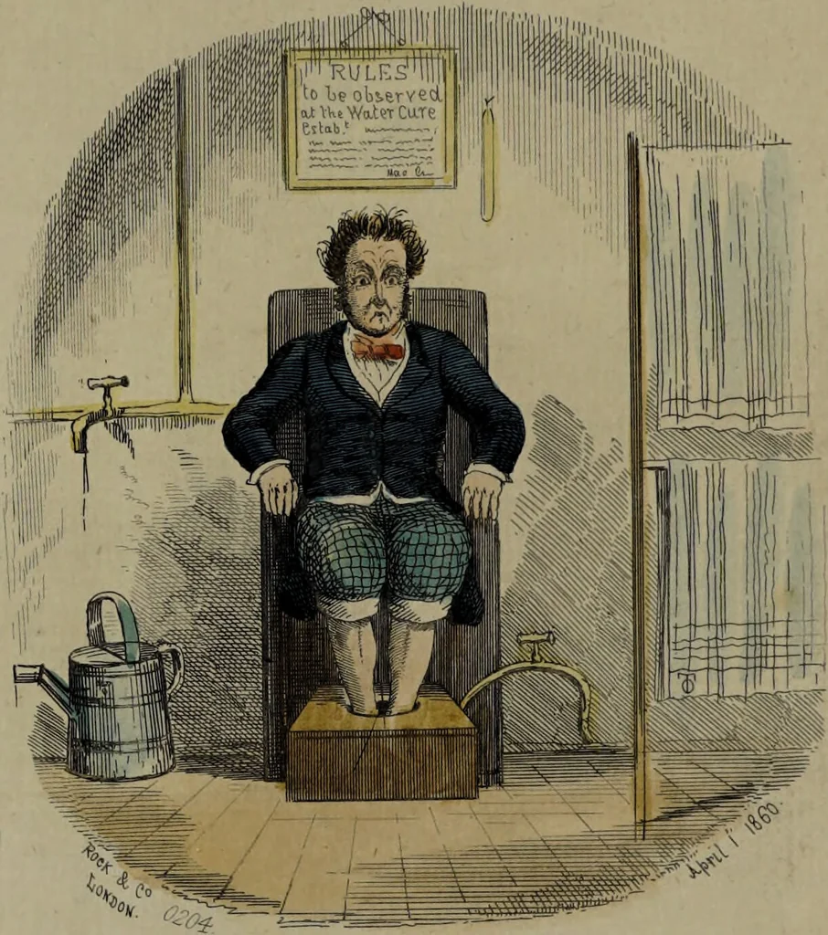 An illustration from Pleasures of the water cure / by a patient who has been well drench'd and wrench'd and restored to health., 1860, leaf 11