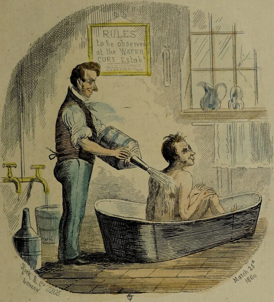 An illustration from Pleasures of the water cure / by a patient who has been well drench'd and wrench'd and restored to health., 1860, leaf 13