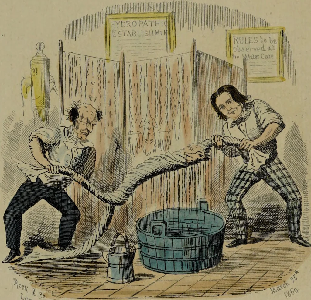 An illustration from Pleasures of the water cure / by a patient who has been well drench'd and wrench'd and restored to health., 1860, leaf 13