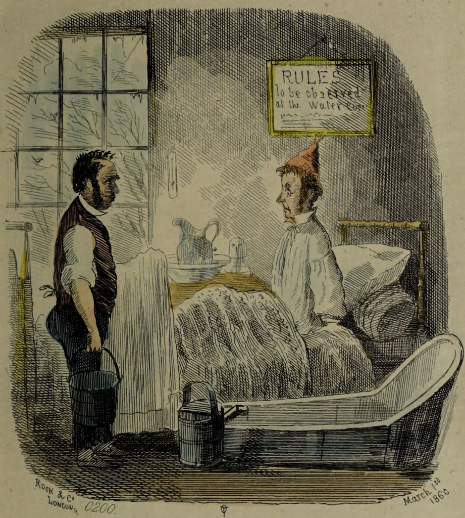 An illustration from Pleasures of the water cure / by a patient who has been well drench'd and wrench'd and restored to health., 1860, leaf 3