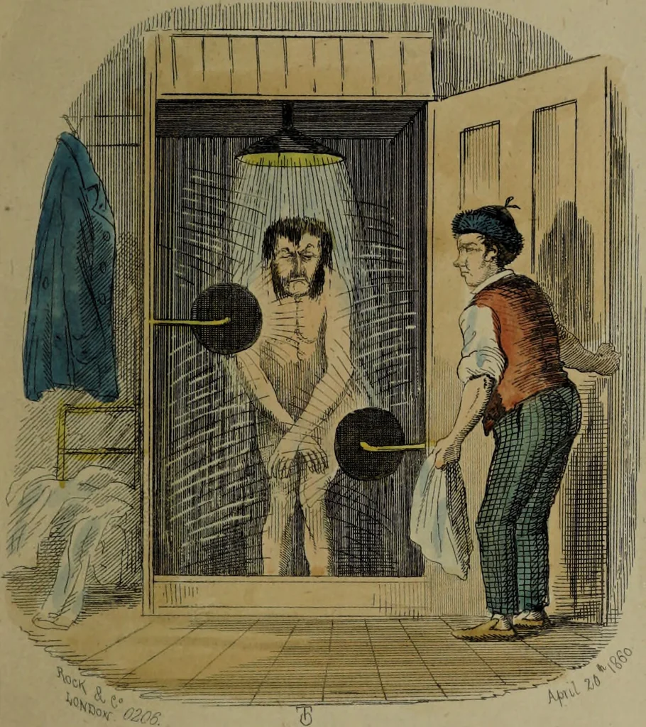 An illustration from Pleasures of the water cure / by a patient who has been well drench'd and wrench'd and restored to health., 1860, leaf 9