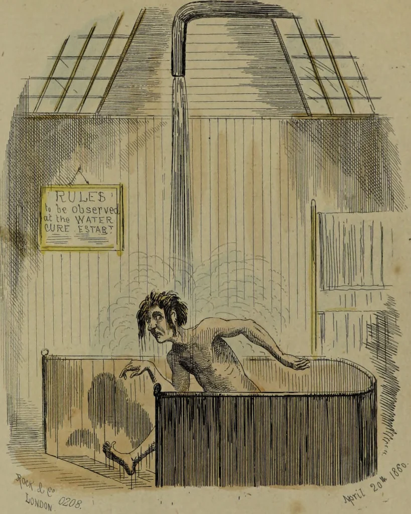 An illustration from Pleasures of the water cure / by a patient who has been well drench'd and wrench'd and restored to health., 1860, leaf 9