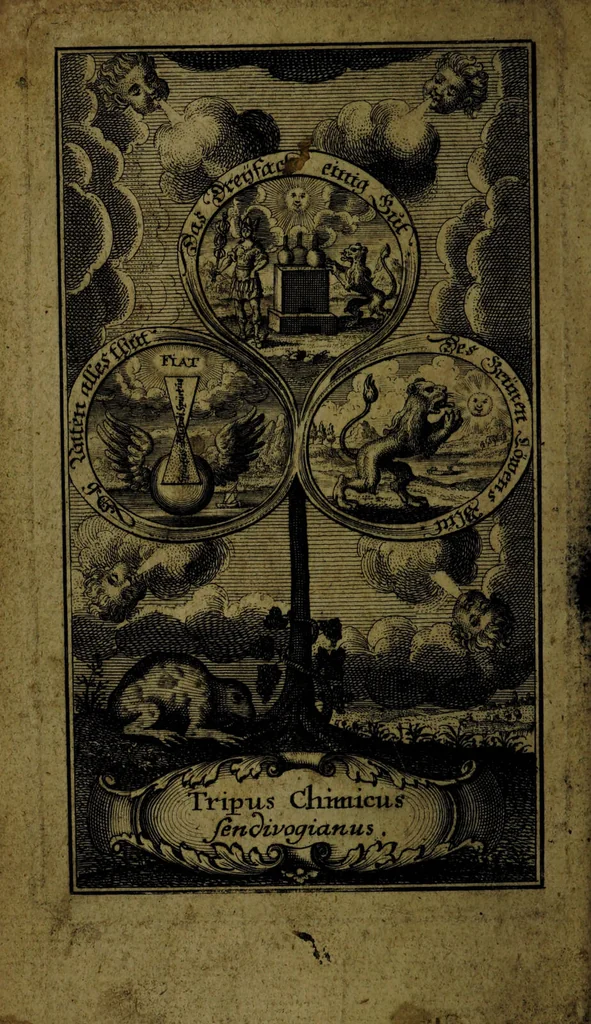 An illustration from Michaelis Sendivogii Chymische Schrifften : darinnen gar deutlich von dem Ursprung, Bereitung und Vollendung des gebenedeyten Steins der Weisen gehandelt wird / Nebst einem kurtzen Vorbericht ans Liecht gestellet durch Friedrich Roth-Scholtzen, Siles., 1749, leaf 6