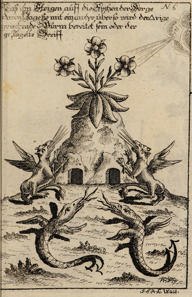 An illustration from R. Abrahami Eleazaris Uraltes chymisches Werk, welches ehedessen von dem Autore Theils in lateinischer und arabischer, Theils auch in chaldäischer und syrischer Sprache geschrieben, nachmahls von einem Anonymo in unsere deutsche Muttersprache übersetzet. Nun aber nebst zugehörigen Kupfern, Figuren ... ingleichen einigen philosophischen Regeln von dem Steine der Weisen zu Nutz und Gebrauch aller Liebhaber der edlen Hermetischen Philosophie, in II. Theilen zum öffentlichen Druck befördert worden durch Iulium Gervasium Schwartzburgicum, P. M. & I. P. E / [Abraham Eleazar]., 1760, leaf 305