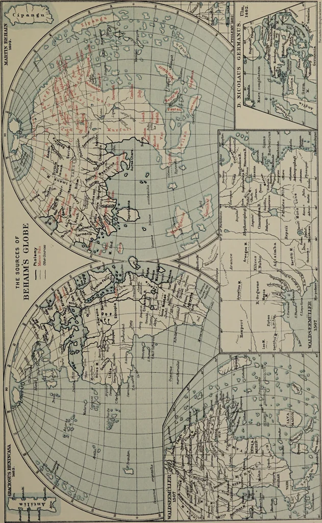 An illustration from Martin Behaim, his life and his globe / by E.G. Ravenstein ; with a facsimile of the globe printed in colours, eleven maps and seventeen illustrations., 1908, leaf 143