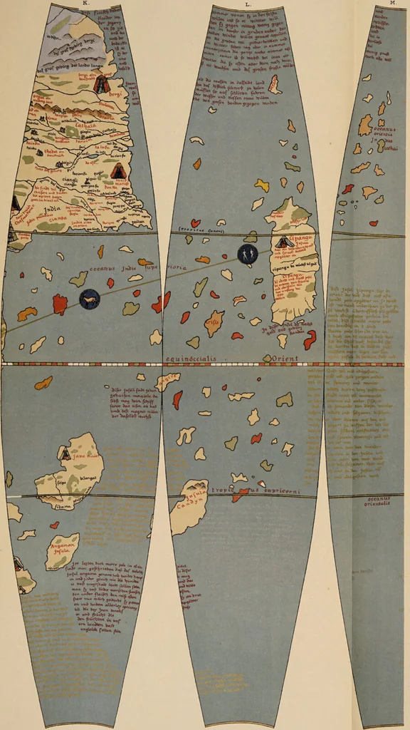 An illustration from Martin Behaim, his life and his globe / by E.G. Ravenstein ; with a facsimile of the globe printed in colours, eleven maps and seventeen illustrations., 1908, leaf 165