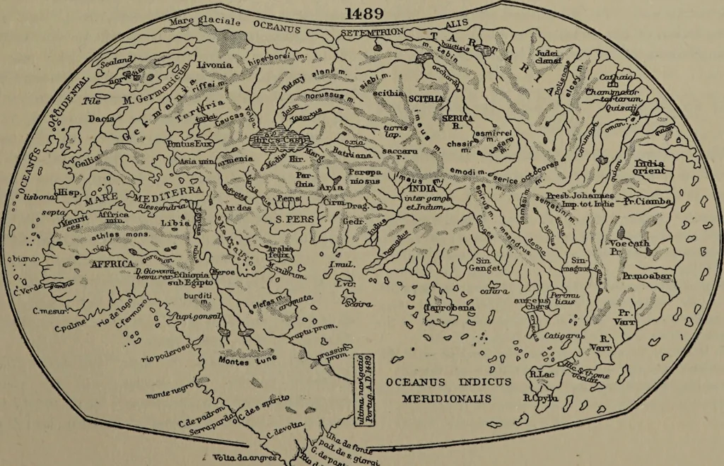 An illustration from Martin Behaim, his life and his globe / by E.G. Ravenstein ; with a facsimile of the globe printed in colours, eleven maps and seventeen illustrations., 1908, leaf 89